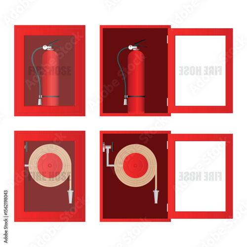 A set of firefighting equipment, including a fire extinguisher and a hydrant, housed in red cabinets with glass panels and a door, for emergency situations.