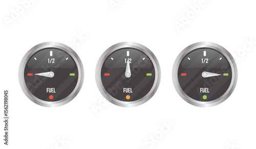 Three isolated fuel gauges on a white backdrop show varying levels: low, half, and nearly full, indicating fuel status, readiness, and automotive functions.