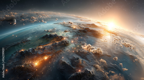 Stunning View of Earth from Space with Sunrise and Cloudscape