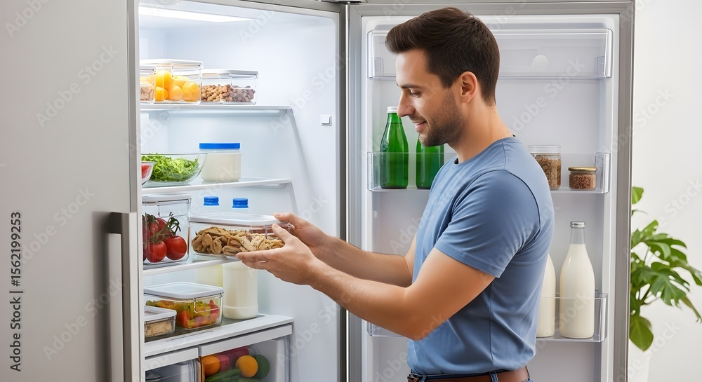 Man Reaching for Cookies in a Bright WellStocked Refrigerator Healthy Eating. Man Reaching for Cookies in a Bright WellStocked Refrigerator Healthy Eating.