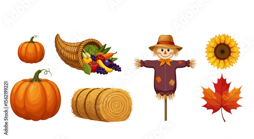 Illustration of autumn harvest elements including pumpkins, cornucopia, and a scarecrow figure