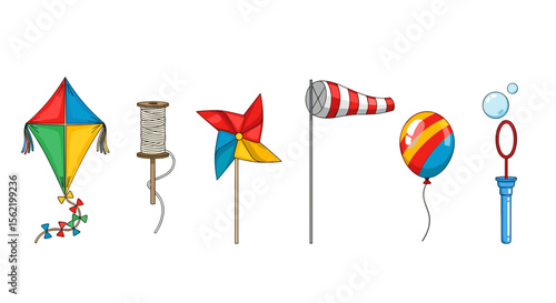 Illustration of a kite, string spool, pinwheel, windsock, balloon and bubble wand in a row on white