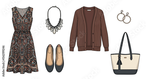 Illustration of a dress with a belt, necklace, cardigan, shoes, earrings and a tote bag on white