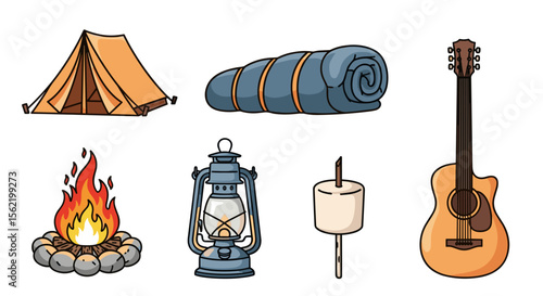 Illustration showing camping essentials including a tent, sleeping bag, guitar and campfire scene