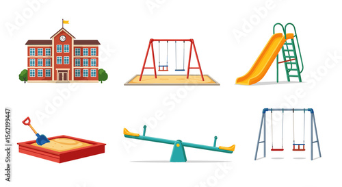 Illustration of a school building with playground equipment including swings and a slide and sandbox