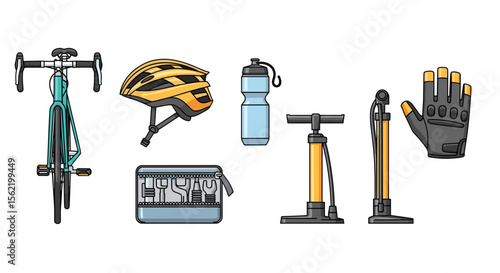 A cycling gear set including a bicycle helmet water bottle repair kit pumps and gloves is displayed here