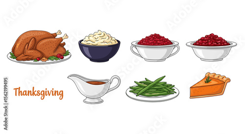 A thanksgiving feast featuring turkey mashed potatoes cranberry sauce gravy green beans and pumpkin pie dish