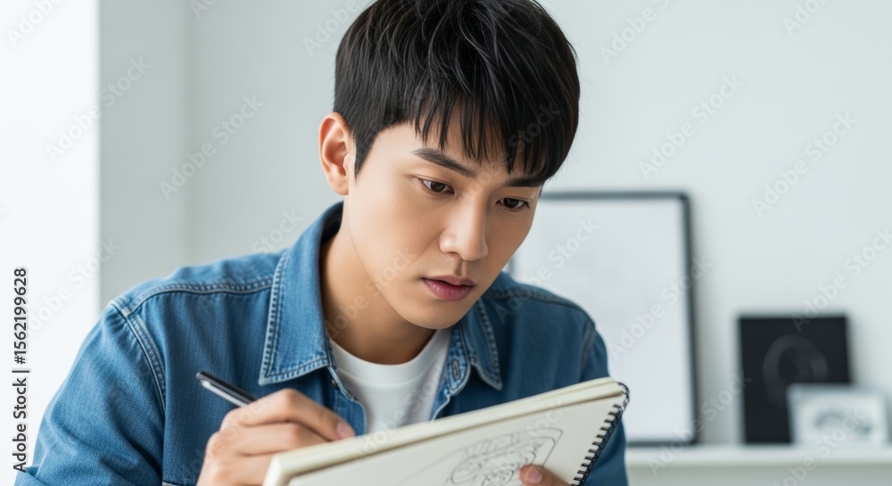 Young Asian man concentrated on writing in notebook with pen. Student studying or working at home desk with focused expression and determined look. Young Asian man concentrated on writing in notebook with pen. Student studying or working at home desk with focused expression and determined look.