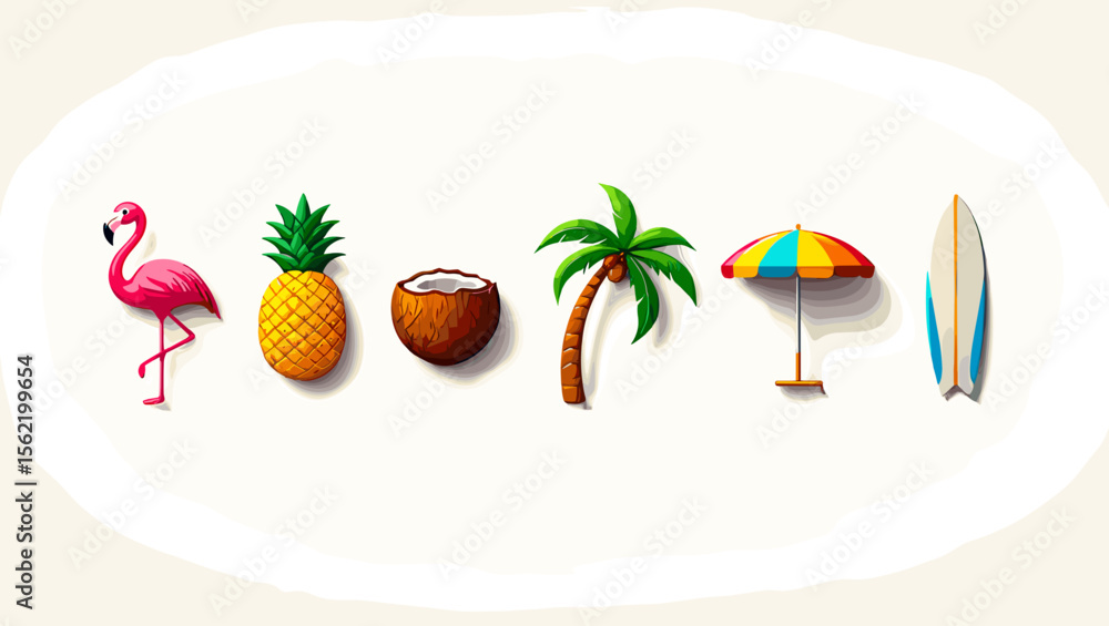 Fototapeta premium Illustration of flamingo pineapple coconut palm tree sun umbrella and surfboard on a white background scene
