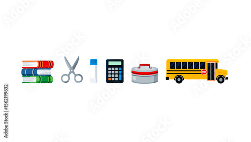 Illustration of school supplies including books scissors glue calculator lunchbox and a yellow school bus