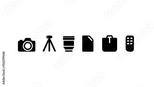 A collection of photography equipment including a camera lens tripod and other accessories icons