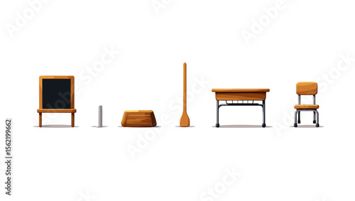 A classroom scene with a chalkboard, desk, chair, bucket, paddle, and metal pole aligned together nicely