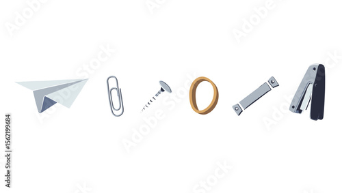 Illustration of office supplies including a paper plane, clip, nail, rubber band, and stapler items lined up