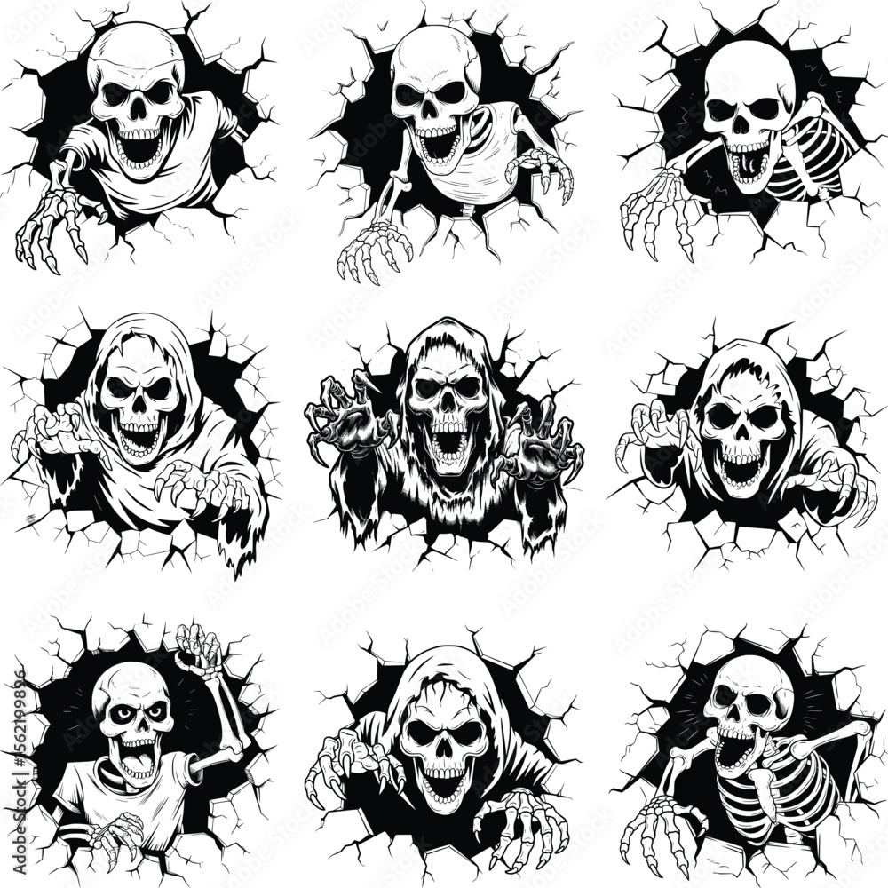 Fototapeta premium Skeleton Coming Out Of Wall SVG Bundle, Halloween Skulls SVG