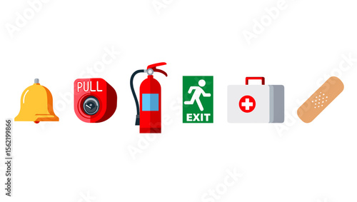 Illustration of a yellow bell, a red fire alarm, a fire extinguisher, and other safety equipment items