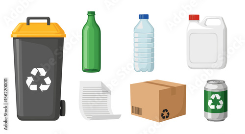 Illustration of a recycling bin with various recyclable materials and objects around it displayed