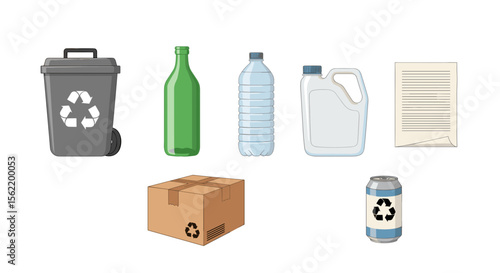 Collection of recyclable materials: plastic, glass, cardboard, and aluminum can.
