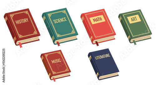 Illustration of several colorful books standing upright with subjects such as history art and literature