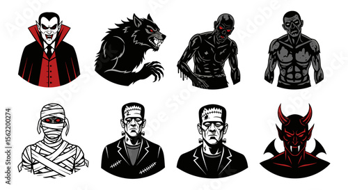 Illustration featuring a collection of classic horror monsters including vampire werewolf and frankenstein