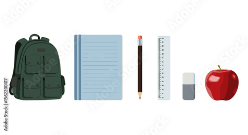 A backpack, notebook, pencil, ruler, eraser, and apple are arranged on a white background surface