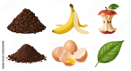 Illustration showing organic waste materials including coffee grounds banana peel and eggshells compostable items