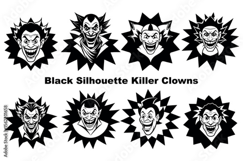 Eight monochrome sinister clown faces burst from dark, spiked backgrounds in this bold graphic