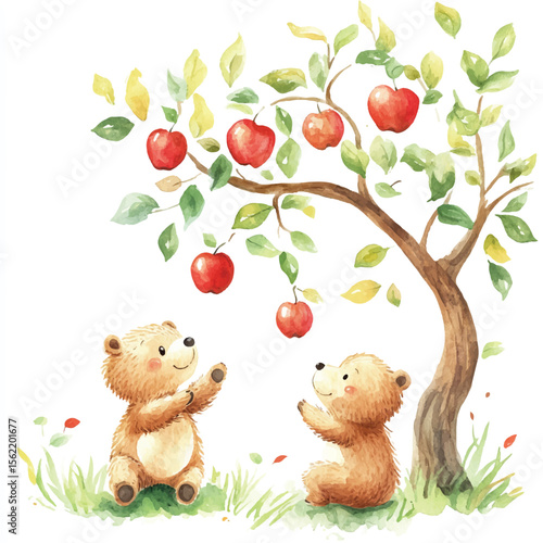 Watercolor Bears Under Apple Tree with Red Fruit and Green Leaves