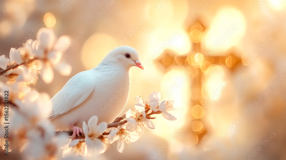Symbol of Hope White Dove, Glowing Cross, Spring Blooms. Ideal Easter Design. Symbol of Hope White Dove, Glowing Cross, Spring Blooms. Ideal Easter Design.