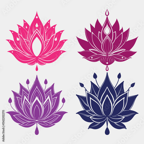 Four lotus flowers in varied shades display a striking floral arrangement over transparent background
