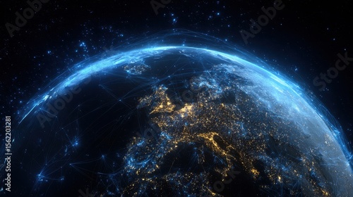 The Earth illuminated by a network of connections in space.