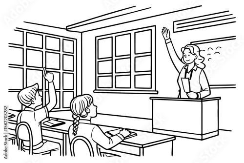 Line art coloring page of a classroom with students raising their hands to answer a question