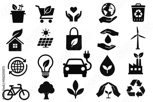Eco Sustainability Icons Vector Set for Green Energy and Nature Conservation