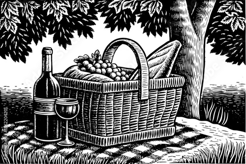 picnic basket with bread, grapes, and wine under a tree, ideal for food blogs, summer event invites, kitchen decor or forearm tattoos a black and white line art illustration