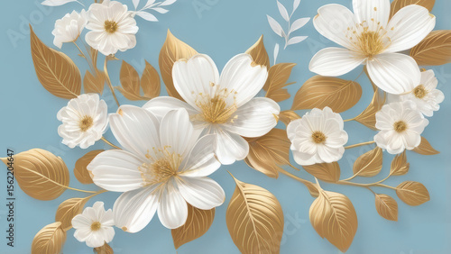 Elegant white and gold flowers with detailed leaves isolated on a light blue background
