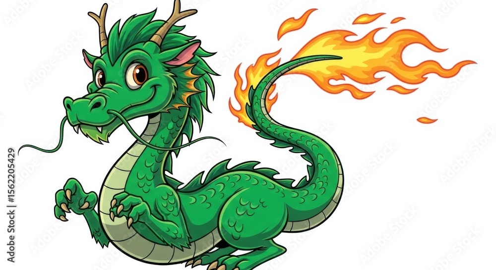 Fototapeta premium Cute Green Dragon with Fire Tail and Horns