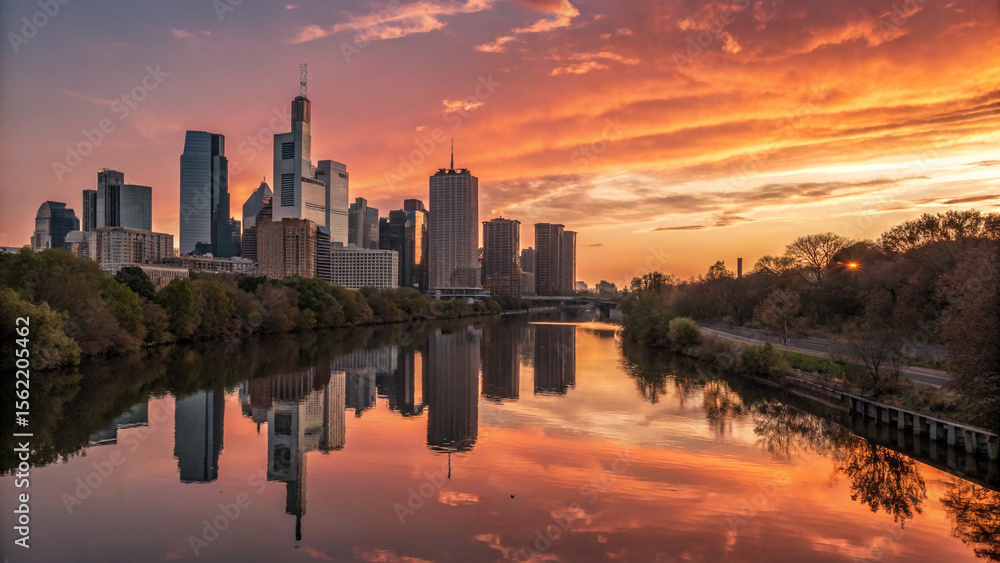 Fototapeta premium Philadelphia Skyline Sunset Reflection Amazing Cityscape
