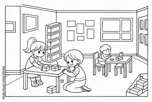 Line art coloring page of a classroom with children engaged in a group activity, like building blocks or drawing together