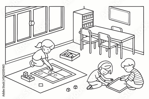 Line art coloring page of a classroom with children playing educational games on the floor