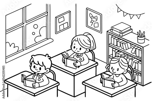 Line art coloring page of a classroom with children reading books quietly at their desks