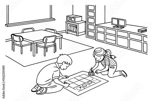 Line art coloring page of a classroom with children playing educational games on the floor