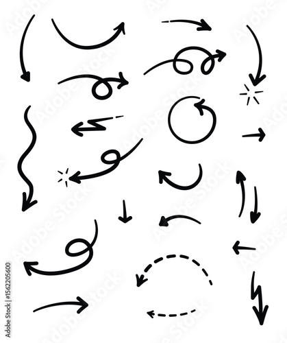 Collection of 19 handdrawn arrows pointing in different directions lines vary from straight to curved