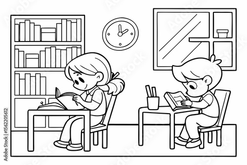 Line art coloring page of a classroom with children reading books quietly at their desks