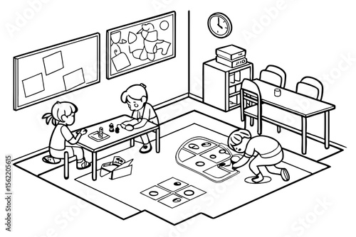 Line art coloring page of a classroom with children playing educational games on the floor