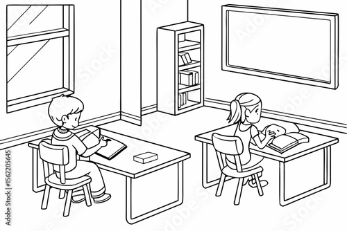 Line art coloring page of a classroom with children reading books quietly at their desks