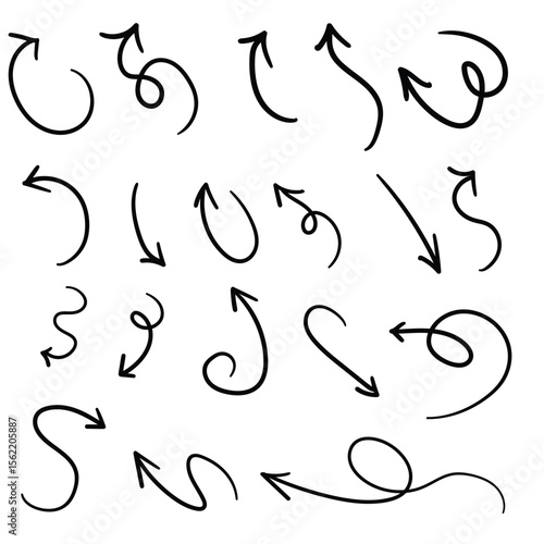 A collection of handdrawn style black arrows in varying shapes and directions