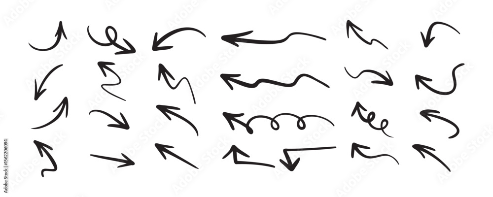 Graphic contains 24 varied black handdrawn style arrows pointing in different directions set against a white background Graphic contains 24 varied black handdrawn style arrows pointing in different directions set against a white background