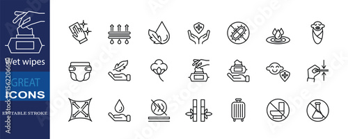 Editable stroke icons showing wet wipes features: antibacterial, moisturizing, baby-safe, fragrance-free, portable, eco-friendly, no chemicals, easy to use and gentle on skin.