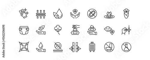 Editable stroke icons showing wet wipes features: antibacterial, moisturizing, baby-safe, fragrance-free, portable, eco-friendly, no chemicals, easy to use and gentle on skin.