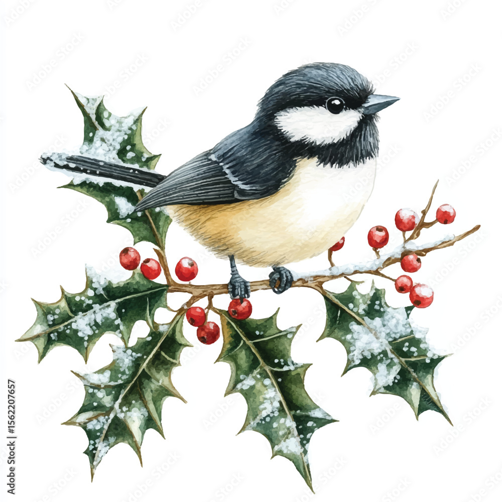 Obraz premium Watercolor Bird Perched on Holly Branch with Red Berries and Snow