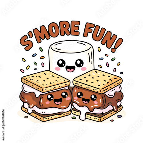 Adorable kawaii smores and marshmallow with smore fun text